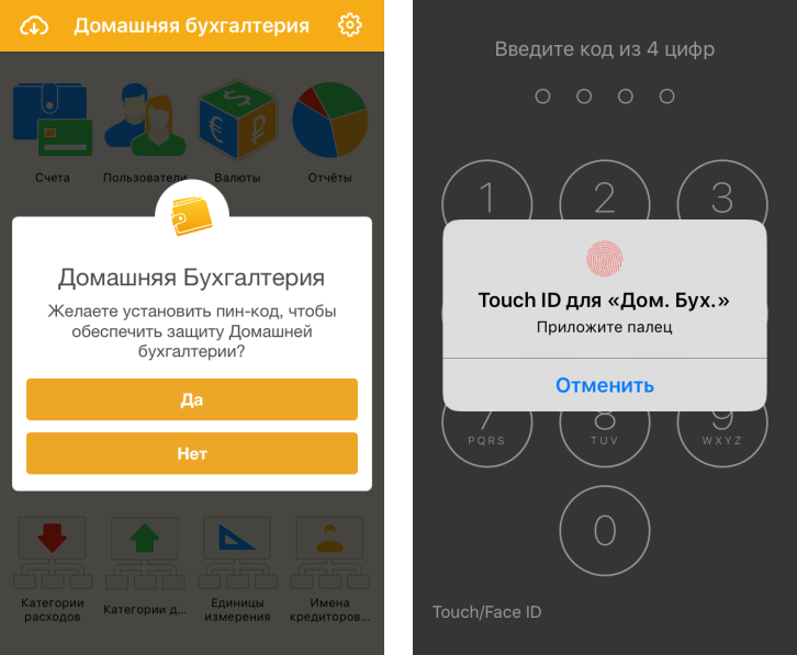 Вход в Домашнюю бухгалтерию по пин-коду, Touch ID и Face ID